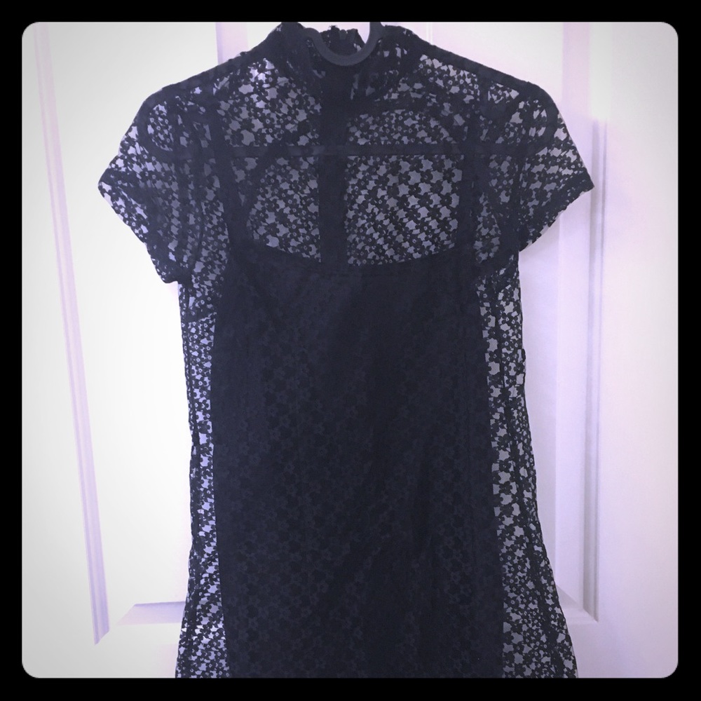 Chinese collar mini lace dress in black